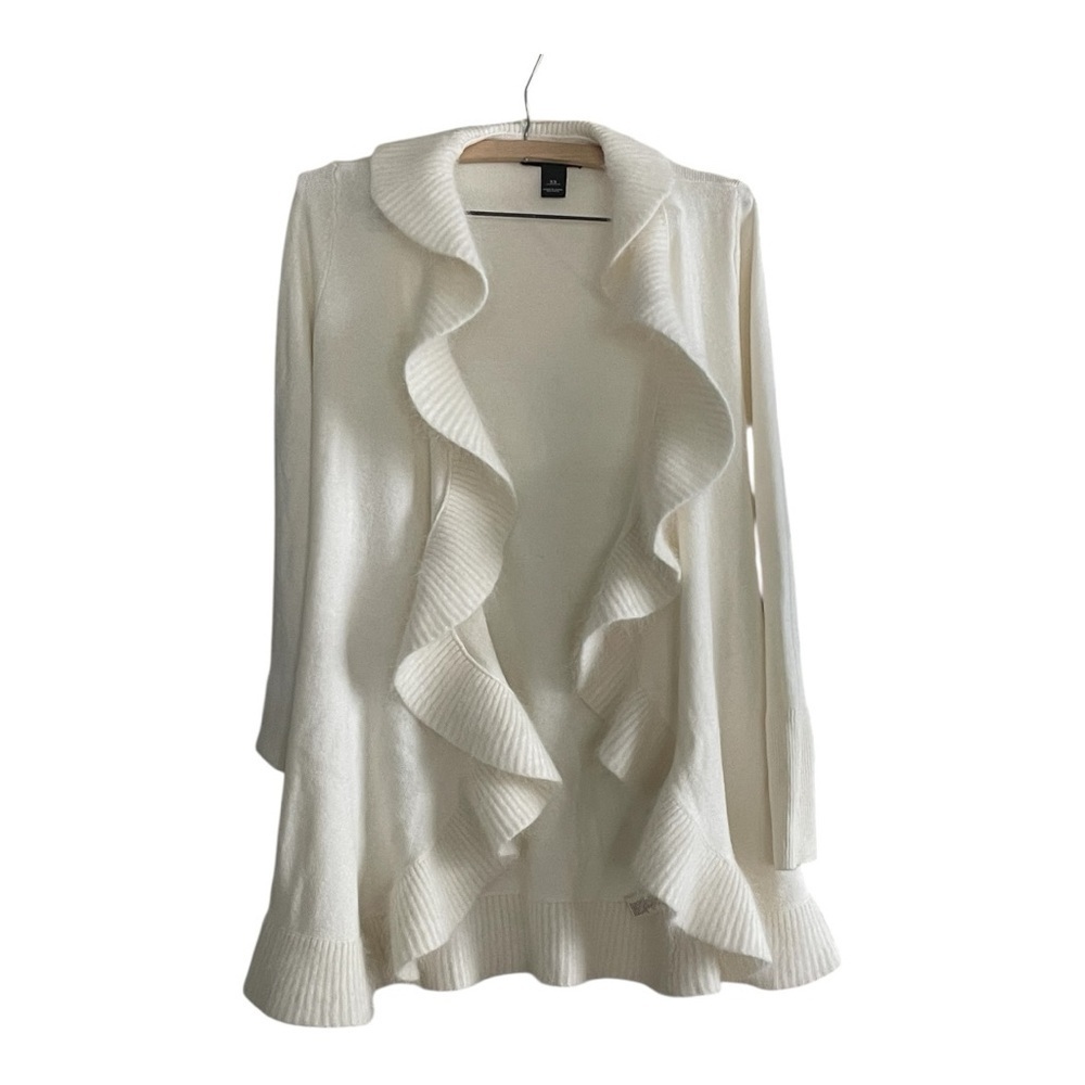 White House Black Market Rabbit Hair Wool Cascade Ruffle Ivory Cardigan